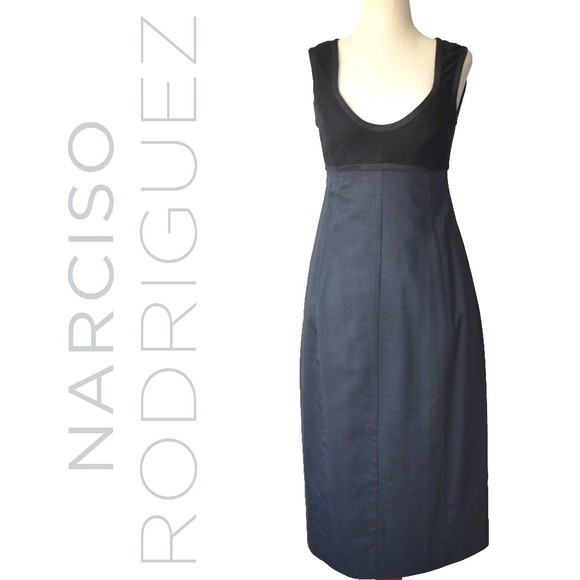 Narciso Rodriguez Scoop Neck Corseted Knee-Length Black and Navy Dress - Picture 1 of 6